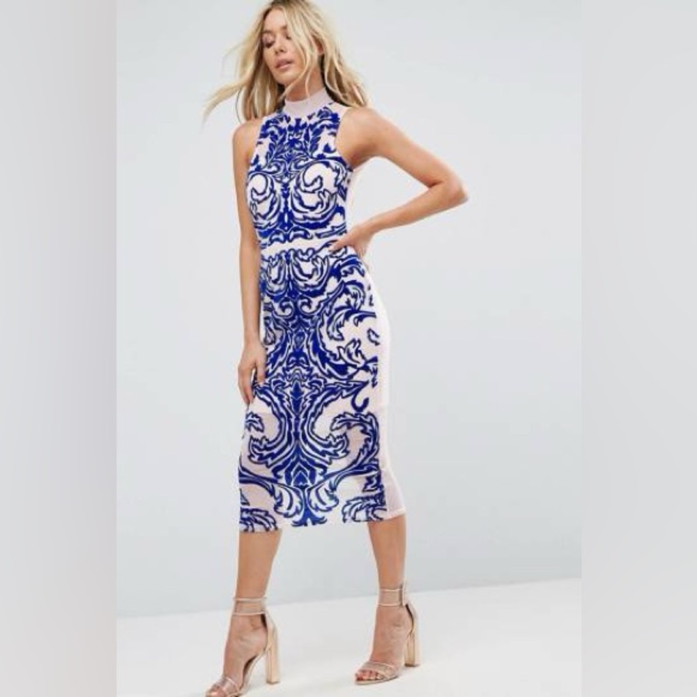 ASOS MIDI Bodycon blue and sheer dress size Small